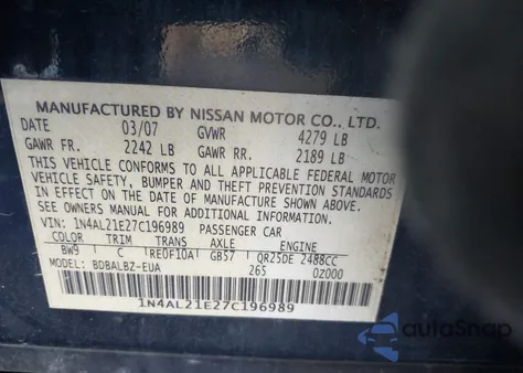 2007 Nissan Altima 2.5 S z USA, uszkodzony, nr VIN 1N4AL21E27C196989